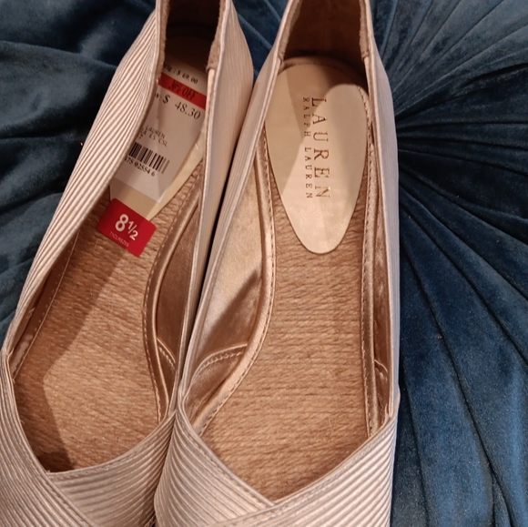 Ralph Lauren Cecilia Champagne Satin Stripe Wedge Heels Peep Toe 8.5b Semi New - Picture 5 of 7